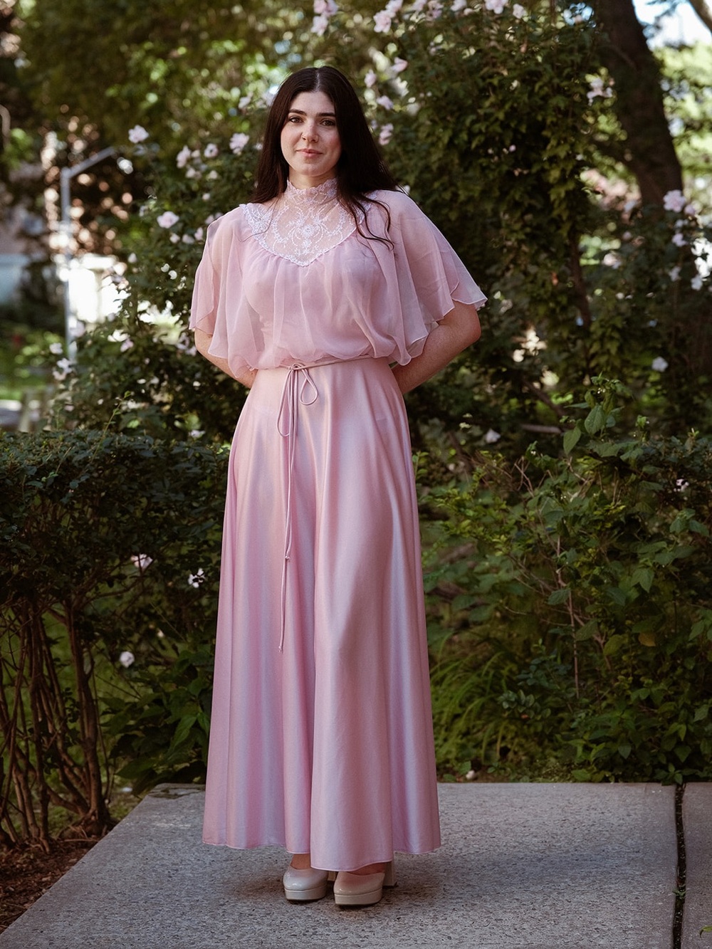 70s vintage pink high neck lace yoke gown